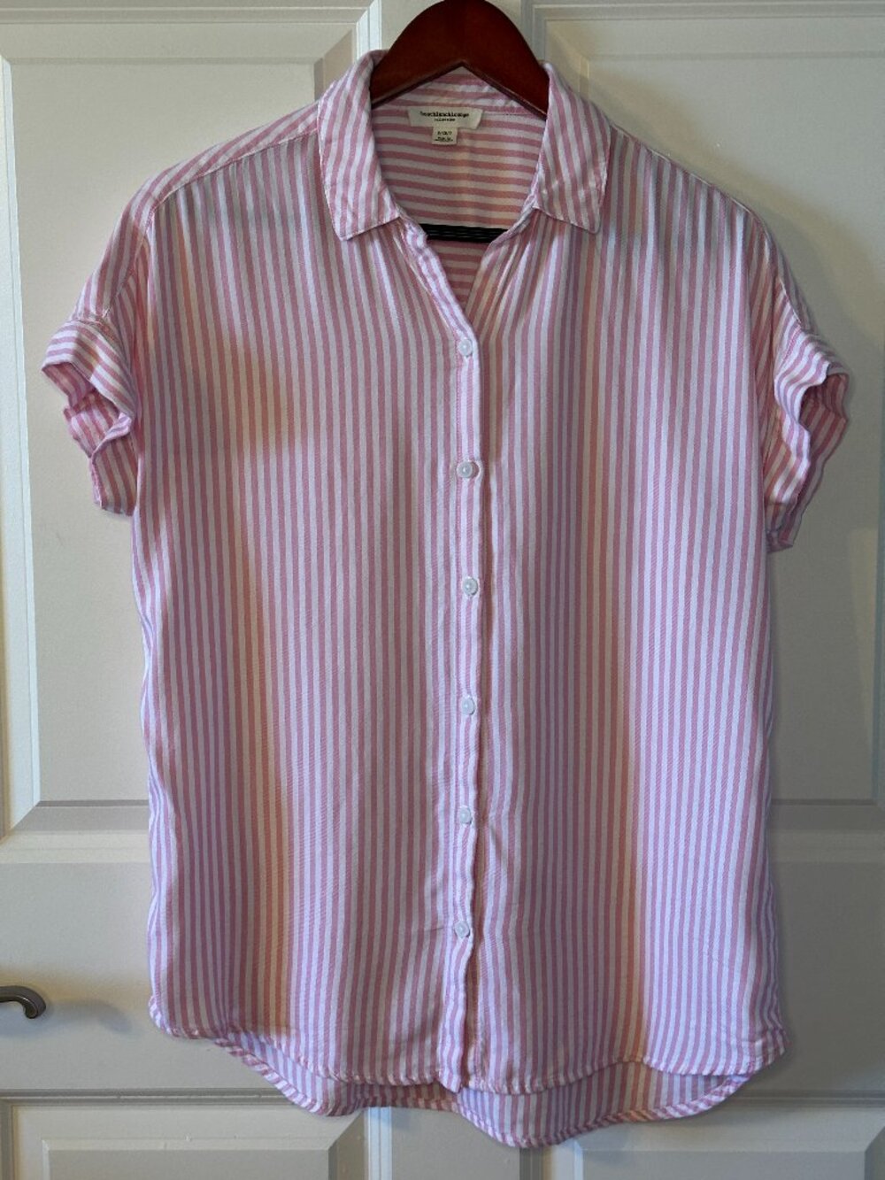 BeachLunchLounge Pink White Stripe Lyocell Button Shirt Rolled Sleeve Top S